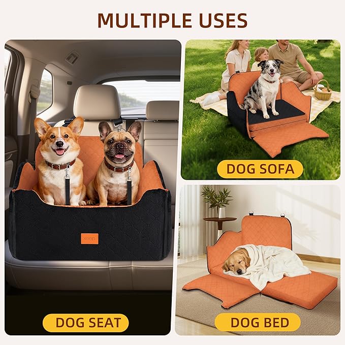 XEEP Dog Car Seat for Medium/Large Dogs Up to 60lbs, Dog Booster Seat with Memory Foam Cushion, Washable Pet Car Seat with Safety Belt & Pee Pad & Blanket, Fits in Back Seat(Black/Brown)