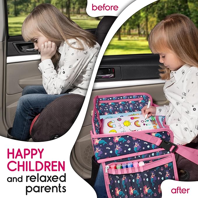 Kids Travel Tray - Waterproof Lap Table with No-Drop Large Tablet Holder - Car Seat Tray - Road Trip Essentials Kids - Car Desk Organizer for Airplane - Toddler Travel Essentials(MERMAID)