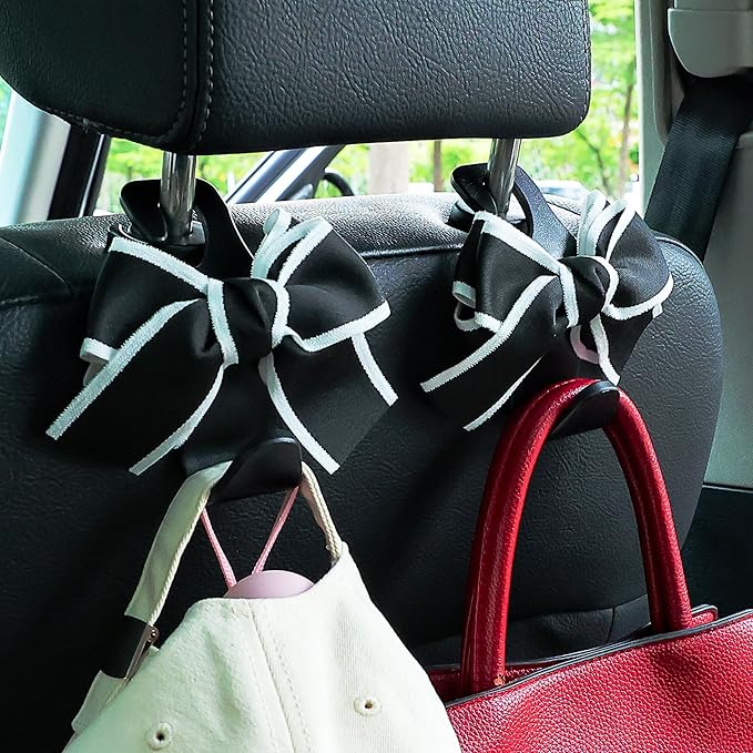Amooca Car Seat Headrest Hook Cute Bowknot Vehicle Hanger Car Storage Organizer for Handbag Purse Coat Grocery Bag Black
