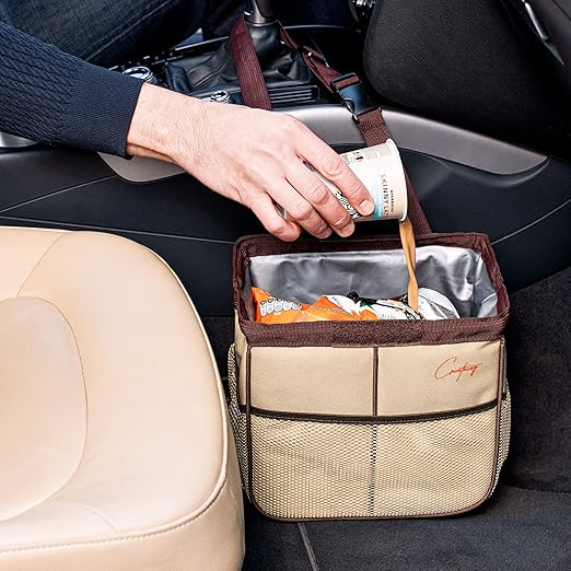 Creathing Leakproof Car Trash Can [2 Gal] Universal Garbage Bin for Cars, Trucks, SUVs | Securely Mounts on Floor, Console, or Seat (Beige)