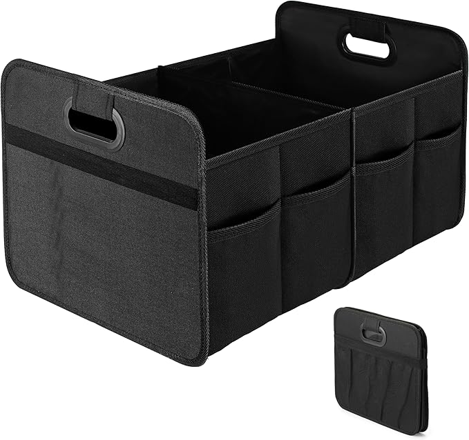 Simple Deluxe Car Trunk Organizer, 2 Compartments Anti-slip Design Collapsible Trunk Storage, Made of Waterproof 600D Oxford Polyester, Suitable for SUV, Minivan, Truck, Black
