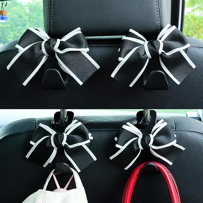 Amooca Car Seat Headrest Hook Cute Bowknot Vehicle Hanger Car Storage Organizer for Handbag Purse Coat Grocery Bag Black