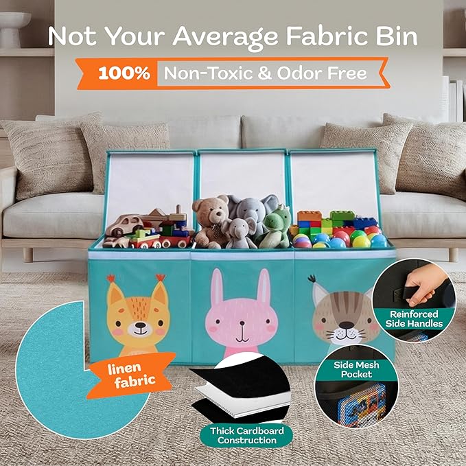 Extra Large Toy Storage Organizer with Lid - Sturdy, Collapsible Toy Chest Storage Box with Cute Design - Toys Bin with Dividers for Kids, Boys, Girls, Nursery, Bedroom, Play room 37"x16"x14"
