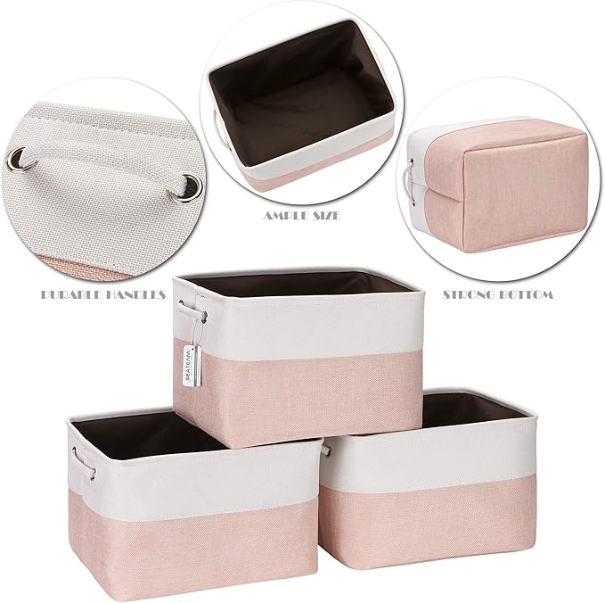 Sea Team 3-Pack Large Storage Basket Set, Trunk Organizer, Clothes Toys Bin, 15 x 10 x 10 Inches, Big Rectangular Canvas Fabric Collapsible Shelf Box with Handles for Kids Room (Pale Blush/White)