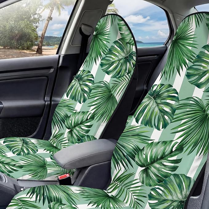2 Pack Car Seat Towel Covers, Sweat Protector for Front Seats, Premium Thickened Microfiber with Palm Leaves, Breathable & Quick Dry, Slip-on Headrest Pocket for Gym Running Beach Universal Fit