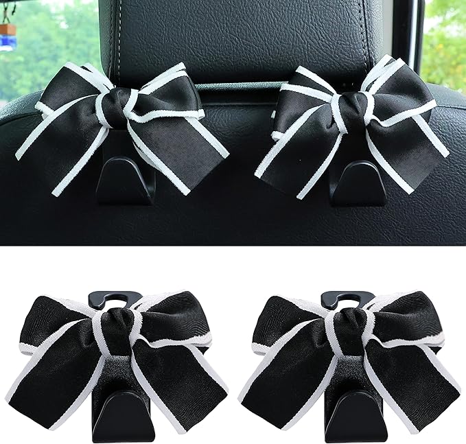 Amooca Car Seat Headrest Hook Cute Bowknot Vehicle Hanger Car Storage Organizer for Handbag Purse Coat Grocery Bag Black