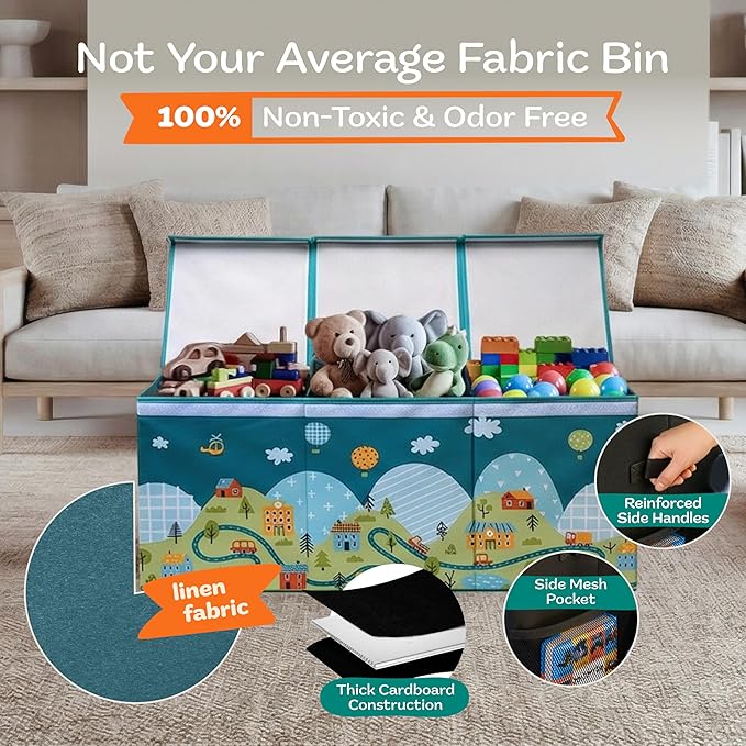 Extra Large Toy Storage Organizer with Lid - Sturdy, Collapsible Toy Chest Storage Box with Cute Design - Toys Bin with Dividers for Kids, Boys, Girls, Nursery, Bedroom, Play room 37"x16"x14"