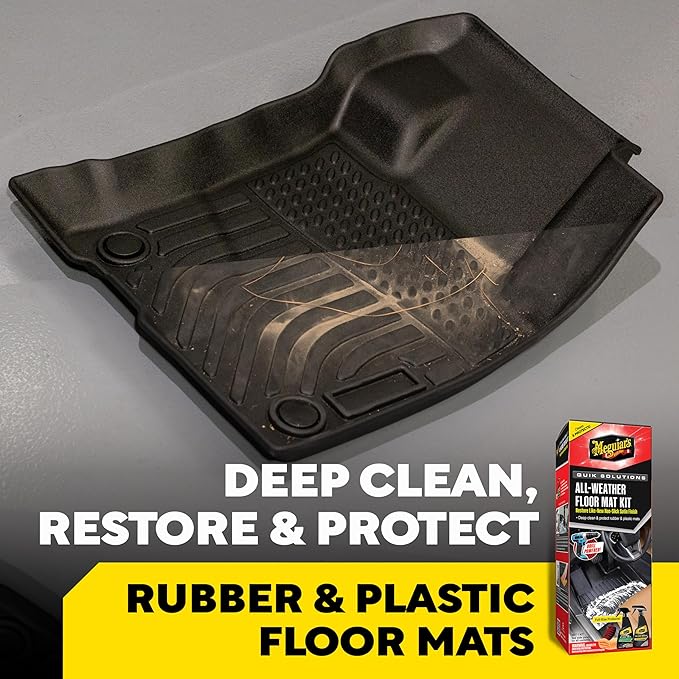 Meguiar’s Quik Solutions All-Weather Floor Mat Kit,All Weather Floor Mat Cleaner and Car Mat Protectant that Deep Cleans & Restores a Like-New Non-Slick Finish,Includes Drill Attachment, Kit