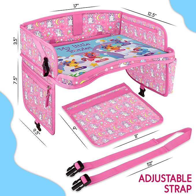 Kids Travel Tray - Waterproof Lap Table with No-Drop Large Tablet Holder - Car Seat Tray - Road Trip Essentials Kids - Car Desk Organizer for Airplane - Toddler Travel Essentials (UNICORN)