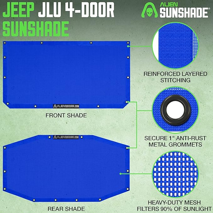 Alien Sunshade Jeep Wrangler JLU Blue (2018-2023) Front & Rear Mesh Sun Shade for JL Unlimited, Blocks UV, Wind, Noise, Jeep Gifts, Bikini JLkini Top Cover for Sport, Sport S, Sahara, Rubicon