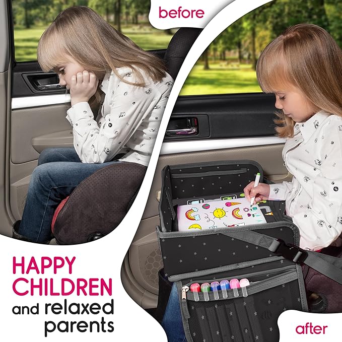 Kids Travel Tray - Waterproof Lap Table with No-Drop Large Tablet Holder - Car Seat Tray - Road Trip Essentials Kids - Car Desk Organizer for Airplane - Toddler Travel Essentials