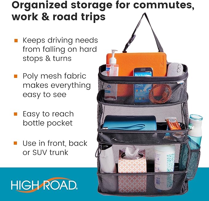 High Road CarCubby Car Storage Organizer - SUV Trunk Organizer, Passenger Seat Organizer or Back Seat Storage With 3 Easy-View Mesh Bins