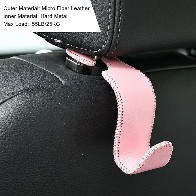 Amooca Car Seat Headrest Hook Universal Vehicle Storage Hanger Leather with Metal Car Seat Back Organizer for Handbag Purse Coat Pink 4 Pack
