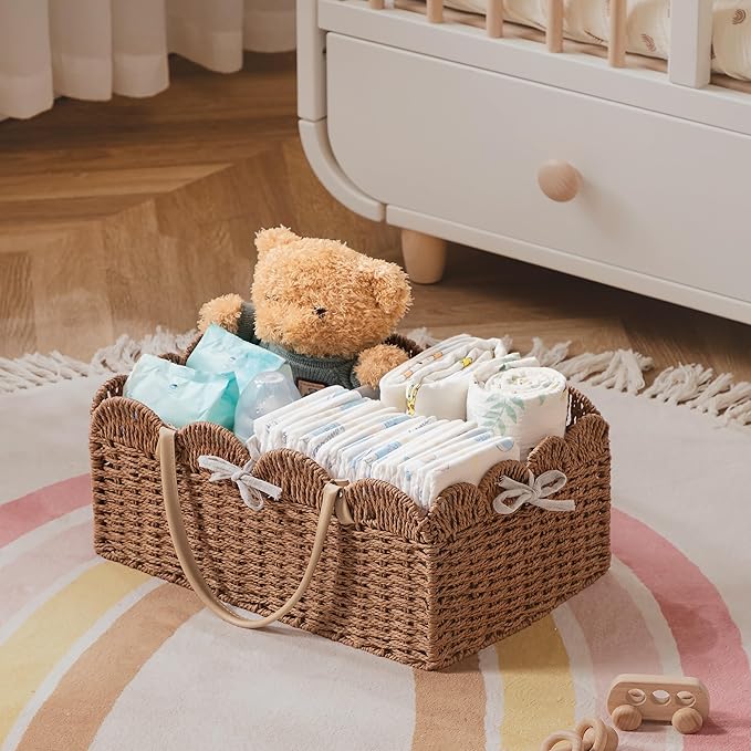 HBlife Baby Diaper Caddy, Paper Rope Storage Baskets Nursery Bin with Removable Divider, Portable Car Organizer for Diapers, Baby Shower Gifts, Newborn Essentials Must Haves