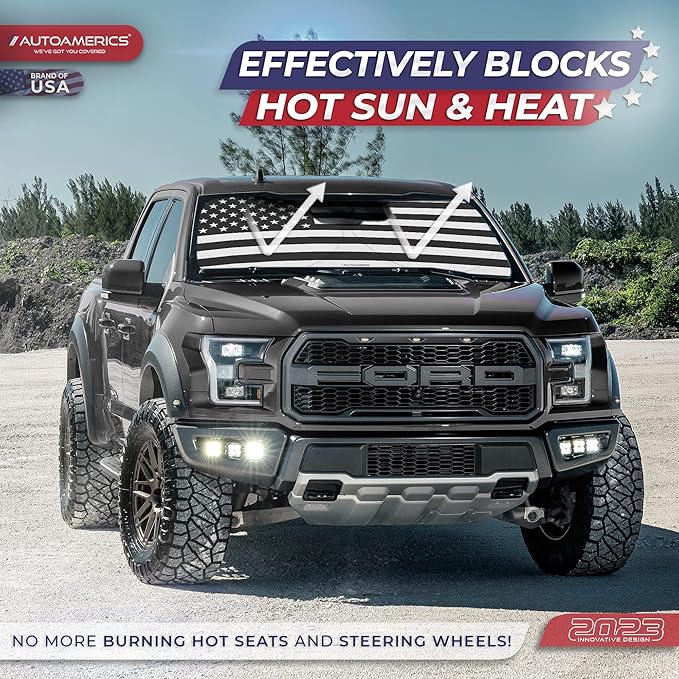 Autoamerics Truck Windshield Sun Shade with Storage Pouch & Anti-Slip Dashboard Pad - Foldable B&W American Flag Design Sunshade - Blocks Max UV Rays, Keeps Vehicle Cool | X-Large (66 x 36 inches)