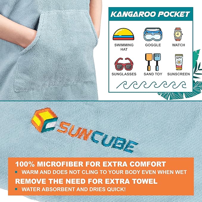SUN CUBE Kids Changing Robe Surf Poncho, Kids Beach Towels for Teens, Microfiber Hooded Wearable Swim Towel Boys Girls Teenagers
