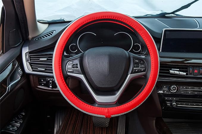 New Diamond Leather Steering Wheel Cover with Bling Bling Crystal Rhinestones, Universal Fit 15 Inch Car Wheel Protector for Women Girls Red