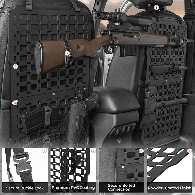Gun Rack with Seat Back Organizer for Truck, Universal Tactical Molle Panel Mounts Truck Back Seat Organizer