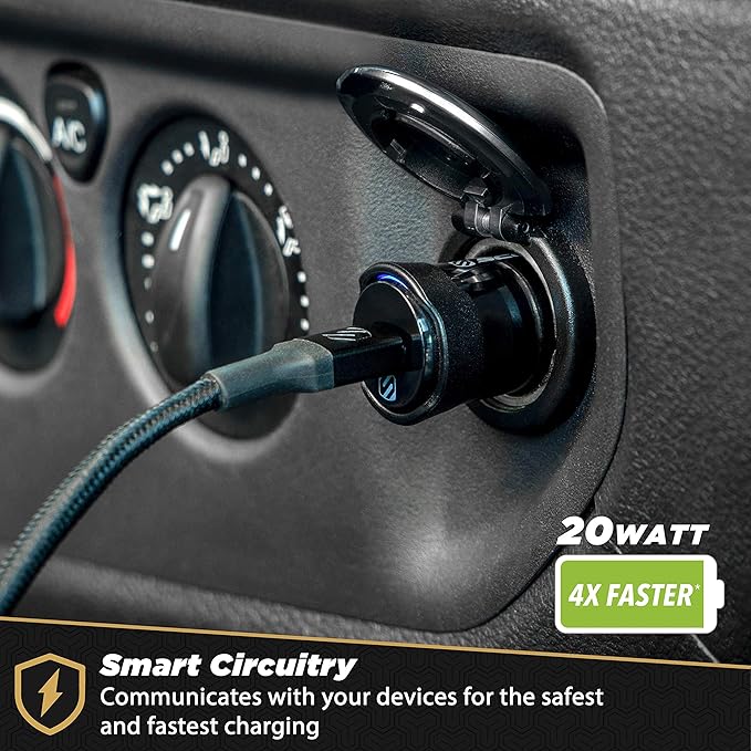 Scosche CPD20Ci4B4 Powervolt 20W USB Type-C PD 3.0 Black Fast Car Charger with MFi Certified USB-C to Lightning Charge & Sync Braided Space Gray 4-ft. Cable