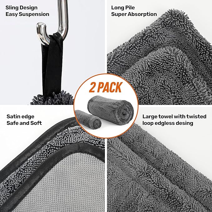 Car Drying Towel Set, 1300GSM Twisted-Loop Microfiber, 24"x36" XL + 15.7"x15.7" Detail Towel, Streak-Free, Lint-Free, Scratch-Free for Cars, SUVs & Trucks