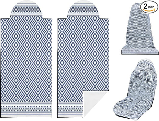 2 Pack Car Seat Towel Covers, Sweat Protector for Front Seats, Premium Thickened Microfiber with Boho Geometric, Breathable & Quick Dry, Slip-on Headrest Pocket for Gym, Beach, Running (Royal Blue)