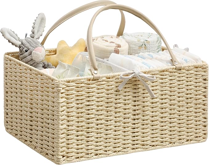 Angelhood Paper Rope Diaper Caddy, Baby Essentials Organizer, Portable Baby Shower Baskets Gift Bin, Car Storage Bag for Nursery
