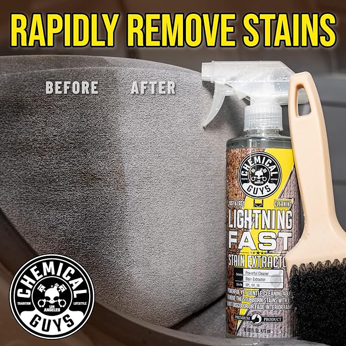 Chemical Guys SPI_191_16B Carpet & Upholstery Stain & Spot Remover Bundle - (1) 16 fl oz Lightning Fast Stain Extractor & (1) Nifty Detailing Brush, (Cars, Trucks, SUVs, RVs, Home, Interior, Pets)