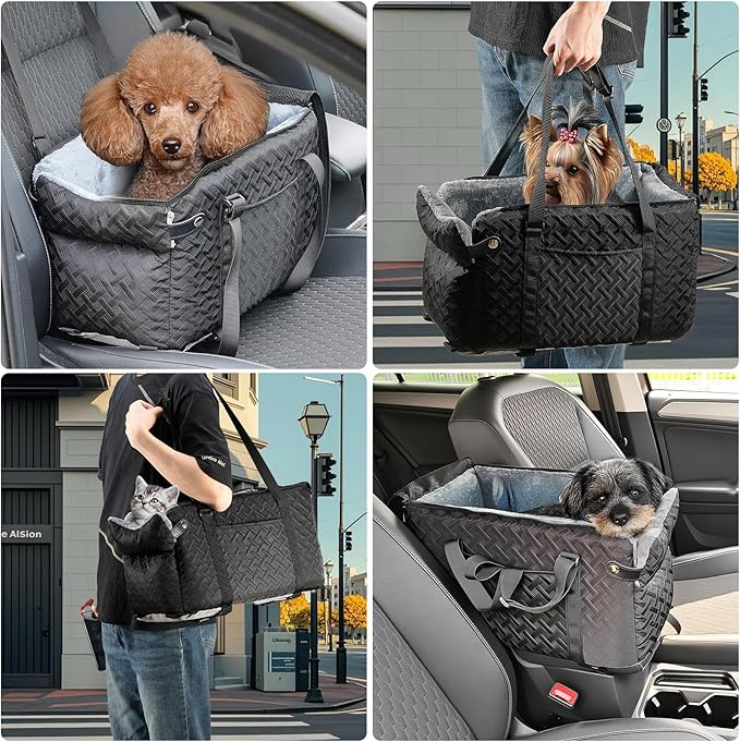 Center Console Dog Car Seat for Small Dogs,Washable Foldable Console Booster Seat for Puppy Car Seat with Safe Protection Hooks Adjustable Straps and Storage Pocket Pet