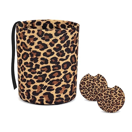 Cheetah Leopard Print Car Trash Bag Hanging Back of Seat Portable Car Trash Bag Cheetah Leopard Waterproof One-Handed Portable Strap Drawstring Garbage Bags with 2 Pieces Car Coasters