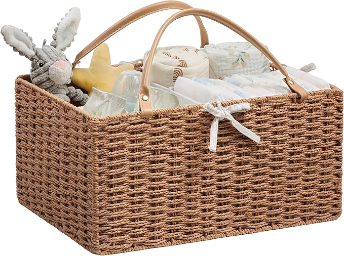 Angelhood Large Paper Rope Diaper Caddy, Baby Essentials Organizer, Portable Baby Shower Baskets Gift Bin, Car Storage Bag for Nursery