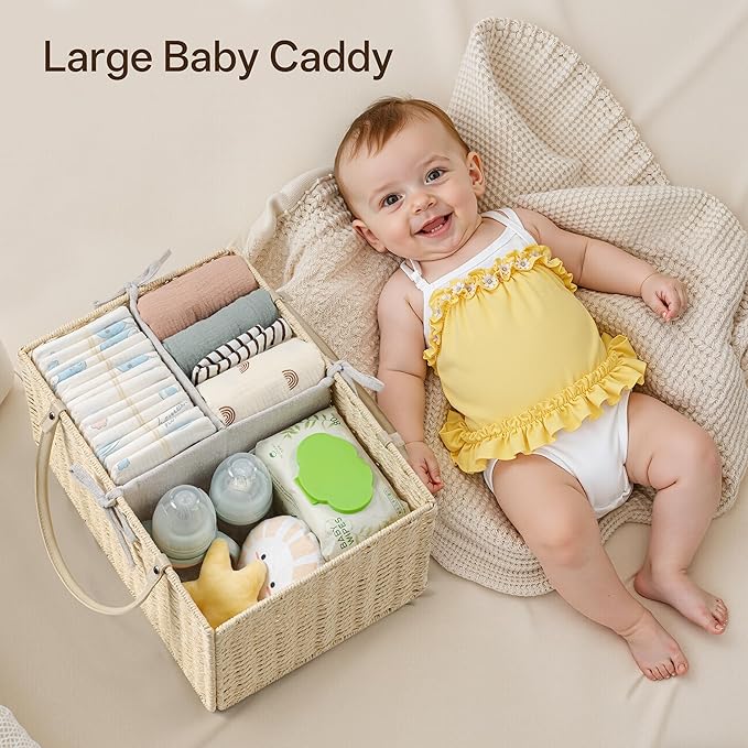 Angelhood Large Paper Rope Diaper Caddy, Baby Essentials Organizer, Portable Baby Shower Baskets Gift Bin, Car Storage Bag for Nursery
