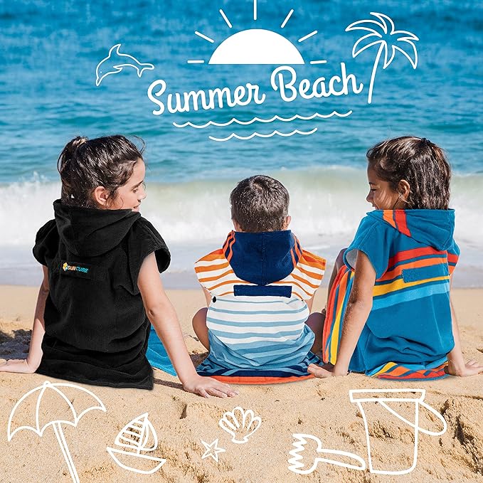SUN CUBE Kids Changing Robe Surf Poncho, Kids Beach Towels for Teens, Microfiber Hooded Wearable Swim Towel Boys Girls Teenagers
