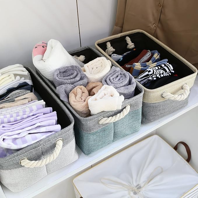 Sea Team 3-Pack Small Storage Basket Set, Storage Cube Organizer, Storage Bins, 12 x 8 x 5 Inches, Rectangle Canvas Fabric Collapsible Shelf Box with Handles for Kids Room (Grey/Beige)