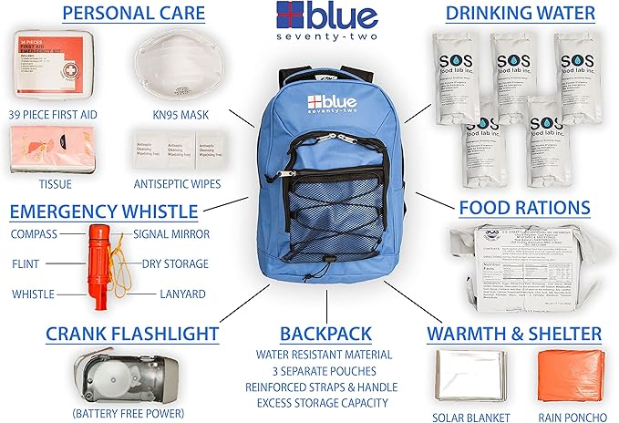 Blue Coolers Blue Seventy-Two | 72 Hour Emergency Backpack Survival Kits for 1 Person | Survival Kit for Wildfires, Earthquakes, Tornado, Hurricane, and Other Emergencies…