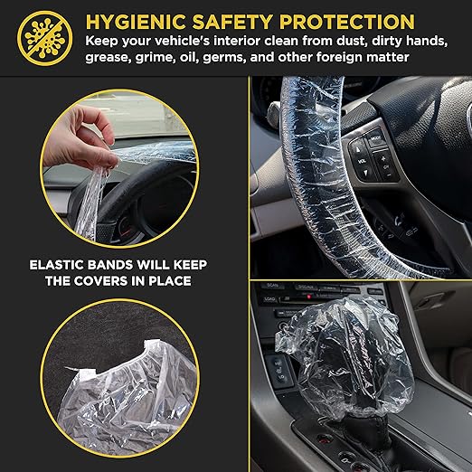 Dura-Gold 200 Piece Set of Disposable Steering Wheel Covers and Gear Selector Shifter Knob Covers - Universal Fit, Clear Plastic with Elastic Bands - Handbrake Cover, Keep Auto Interior Clean