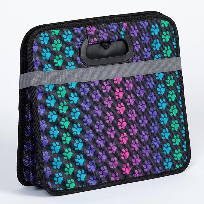 Paws Car Trunk Organizer Foldable Storage Bin with Handles Non Slip Base Pet Gear Travel Tote for SUV Truck (Rainbow Paws)