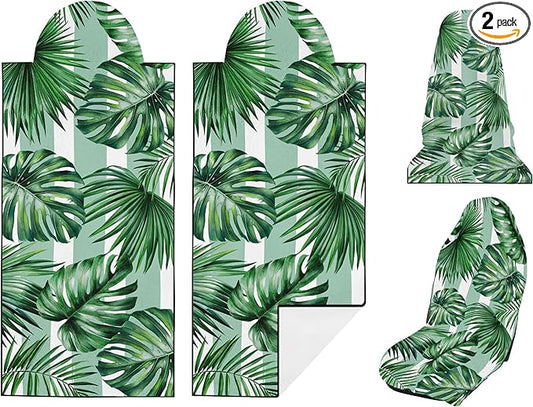2 Pack Car Seat Towel Covers, Sweat Protector for Front Seats, Premium Thickened Microfiber with Palm Leaves, Breathable & Quick Dry, Slip-on Headrest Pocket for Gym Running Beach Universal Fit