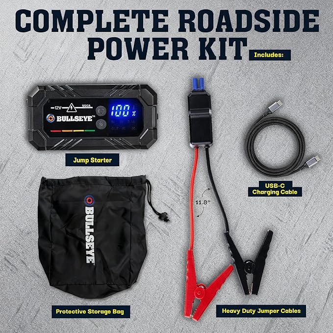 Bullseye Safety XL 1000A Car Battery Jump Starter Box with Jumper Cables, 12V Car Jump Starter Portable Booster for 6.0L Gas and 3.0L Diesel Engines, 2250 mAh Rechargeable, Reverse Polarity Protection