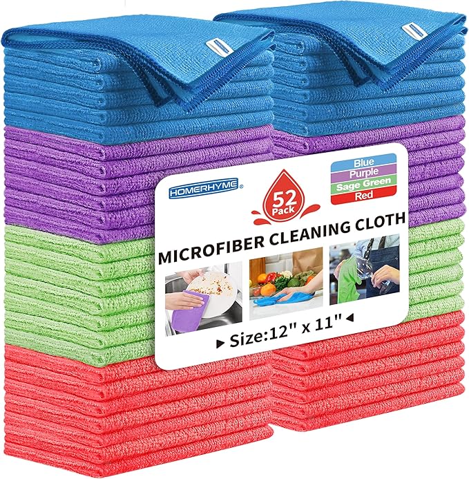HOMERHYME Microfiber Cleaning Cloth, 52 Pack Cleaning Rags,12" X 11" Lint Free Dish Towels Wash Cloths, Reusable Microfiber Towels for Home and Kitchen Bathroom Apartment Cleaning Supplies, Assorted