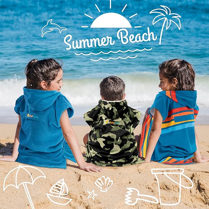 SUN CUBE Kids Changing Robe Surf Poncho, Kids Beach Towels for Teens, Microfiber Hooded Wearable Swim Towel Boys Girls Teenagers