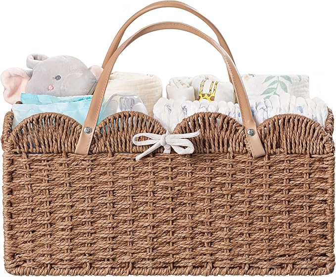 HBlife Large Baby Diaper Caddy, Paper Rope Storage Baskets Nursery Bin with Removable Divider, Portable Car Organizer for Diapers, Baby Shower Gifts, Newborn Essentials Must Haves