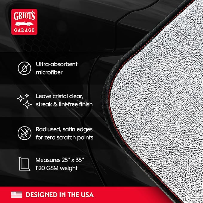 Griot's Garage PFM Terry Weave Microfiber Drying Towel for Car Wash and Cleaning, Vehicle Detailing, Double-Sided, Ultra-Absorbent, 25" X 35", 55590