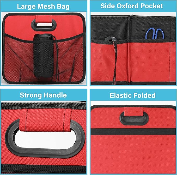 Simple Deluxe Trunk Organizer for Car/SUV/Truck, Collapsible 2 Compartment Automotive Storage Box, 600D Waterproof Oxford Polyester 50L Travel Accessories, Anti-slip & Leak-proof, Red New