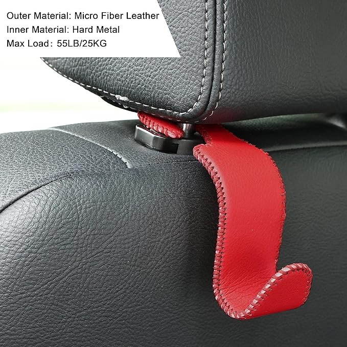 Amooca Car Seat Headrest Hook Universal Vehicle Storage Hanger Leather with Metal Car Seat Back Organizer for Handbag Purse Coat Wine 4 Pack