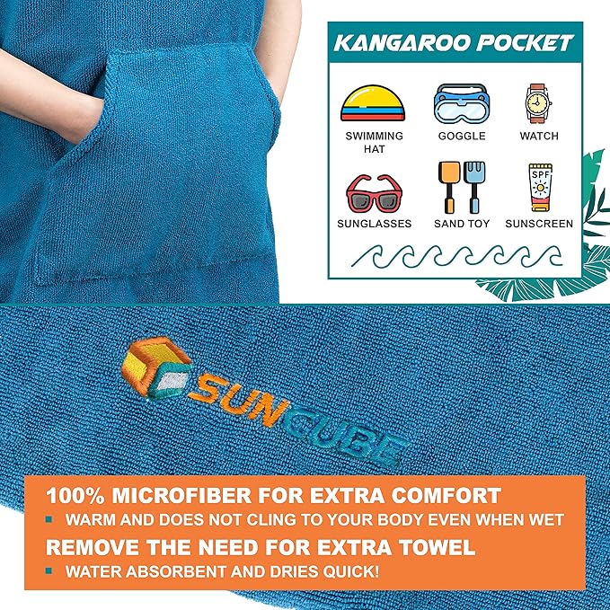 SUN CUBE Kids Changing Robe Surf Poncho, Kids Beach Towels for Teens, Microfiber Hooded Wearable Swim Towel Boys Girls Teenagers