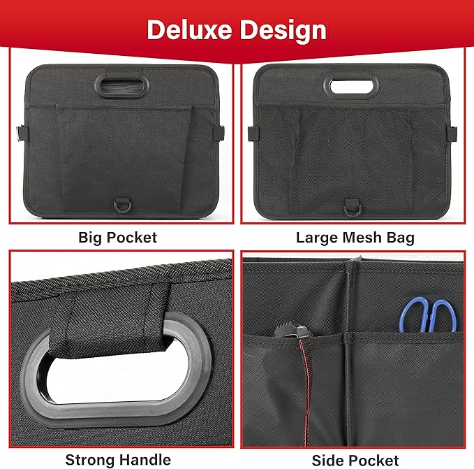 Simple Deluxe Car Trunk Organizer, Multi Compartments Collapsible Trunk Storage, Anti-slip, Waterproof 600D Oxford Polyester, with Adjustable Straps for SUV, Truck, Large Size, Black, 2 Pack