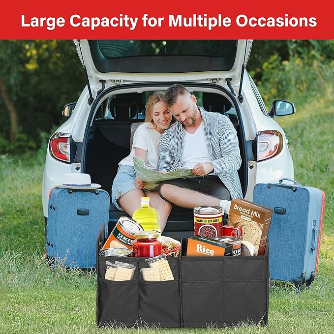 Simple Deluxe Car Trunk Organizer, 2 Compartments Anti-slip Design Collapsible Trunk Storage, Made of Waterproof 600D Oxford Polyester, Suitable for SUV, Minivan, Truck, Black