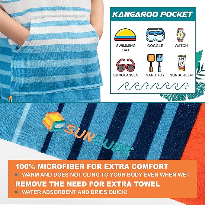 SUN CUBE Kids Changing Robe Surf Poncho, Kids Beach Towels for Teens, Microfiber Hooded Wearable Swim Towel Boys Girls Teenagers