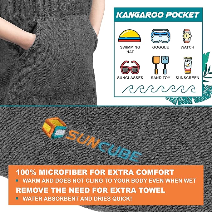 SUN CUBE Kids Changing Robe Surf Poncho, Kids Beach Towels for Teens, Microfiber Hooded Wearable Swim Towel Boys Girls Teenagers